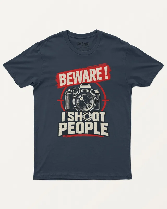 Beware I Shoot People Regular T-Shirt in Navy Blue — front