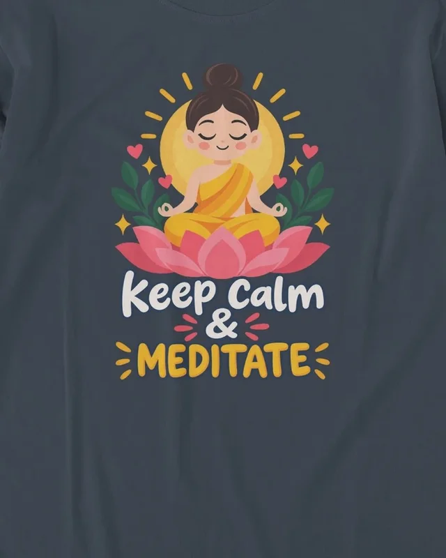 Keep Calm and Meditate Long-Sleeve T-Shirt in Navy Blue — design detail
