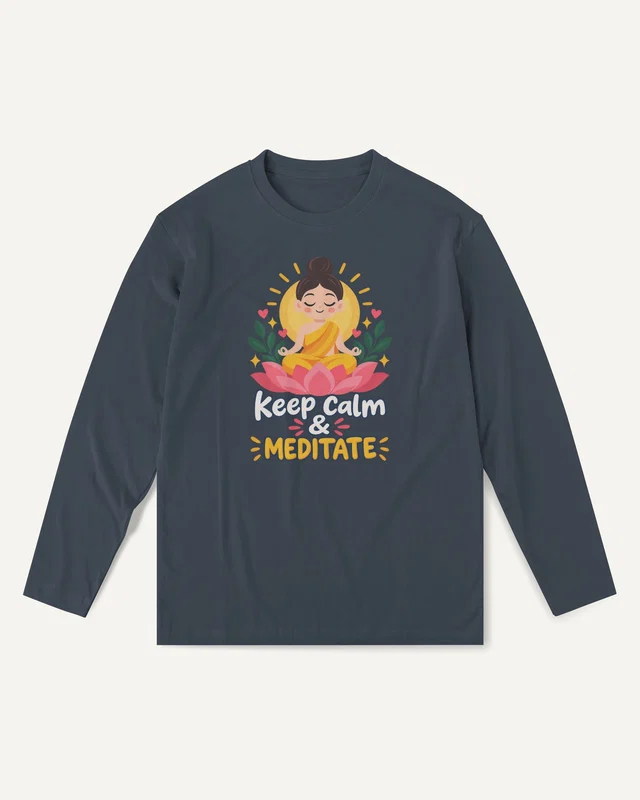 Keep Calm and Meditate Long-Sleeve T-Shirt in Navy Blue — front