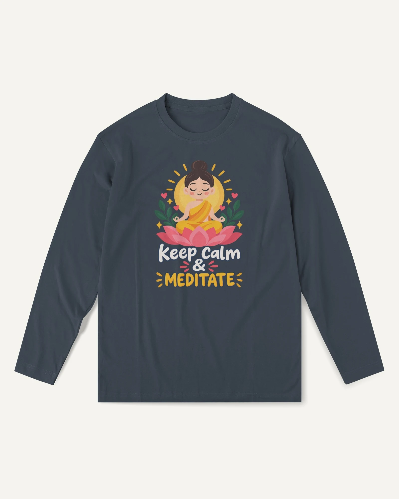 Keep Calm and Meditate Long-Sleeve T-Shirt in Navy Blue — front Keep Calm and Meditate Long-Sleeve T-Shirt in Navy Blue — front