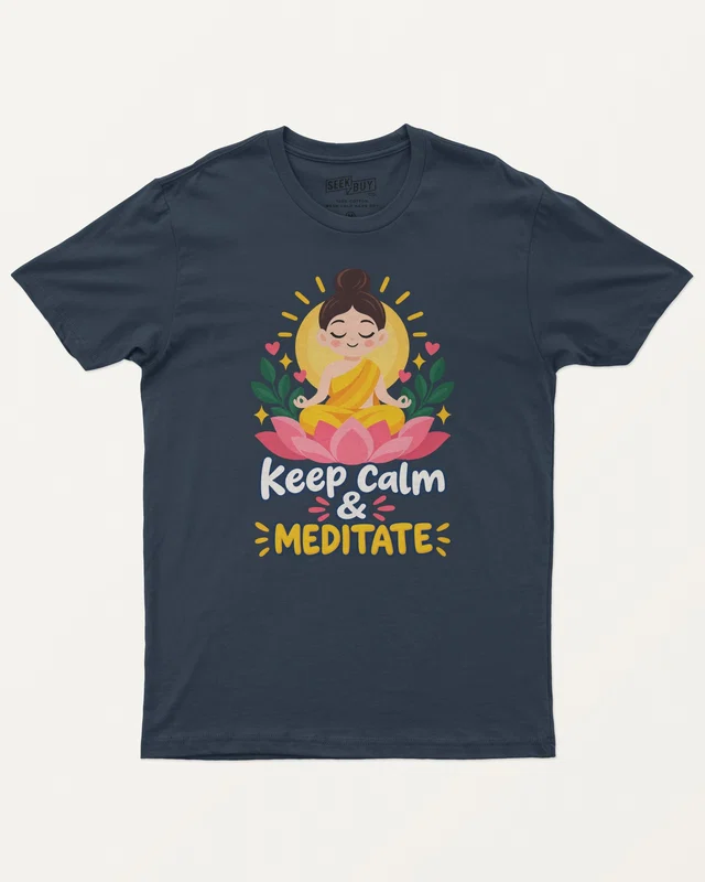 Keep Calm and Meditate Regular T-Shirt in Navy Blue — front