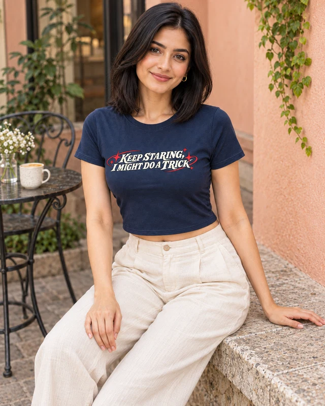 Keep Staring, I Might Do a Trick Graphic Crop Top in Navy Blue — model view 2