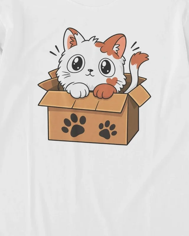 Kitten in a Box Long-Sleeve T-Shirt in White — design detail