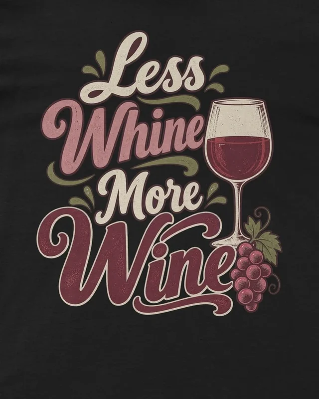 Less Whine More Wine Regular T-Shirt in Black — design detail