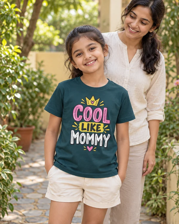 Cool Like Mommy Kids’ T-Shirt in Petrol Blue — Indian lifestyle photoshoot