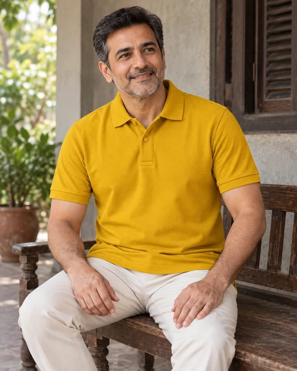 Essential Cotton Polo T-Shirt in Mustard Yellow — Indian lifestyle photoshoot