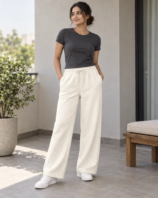 Essential Loose Fit Sweatpants in Off White — Indian lifestyle photoshoot
