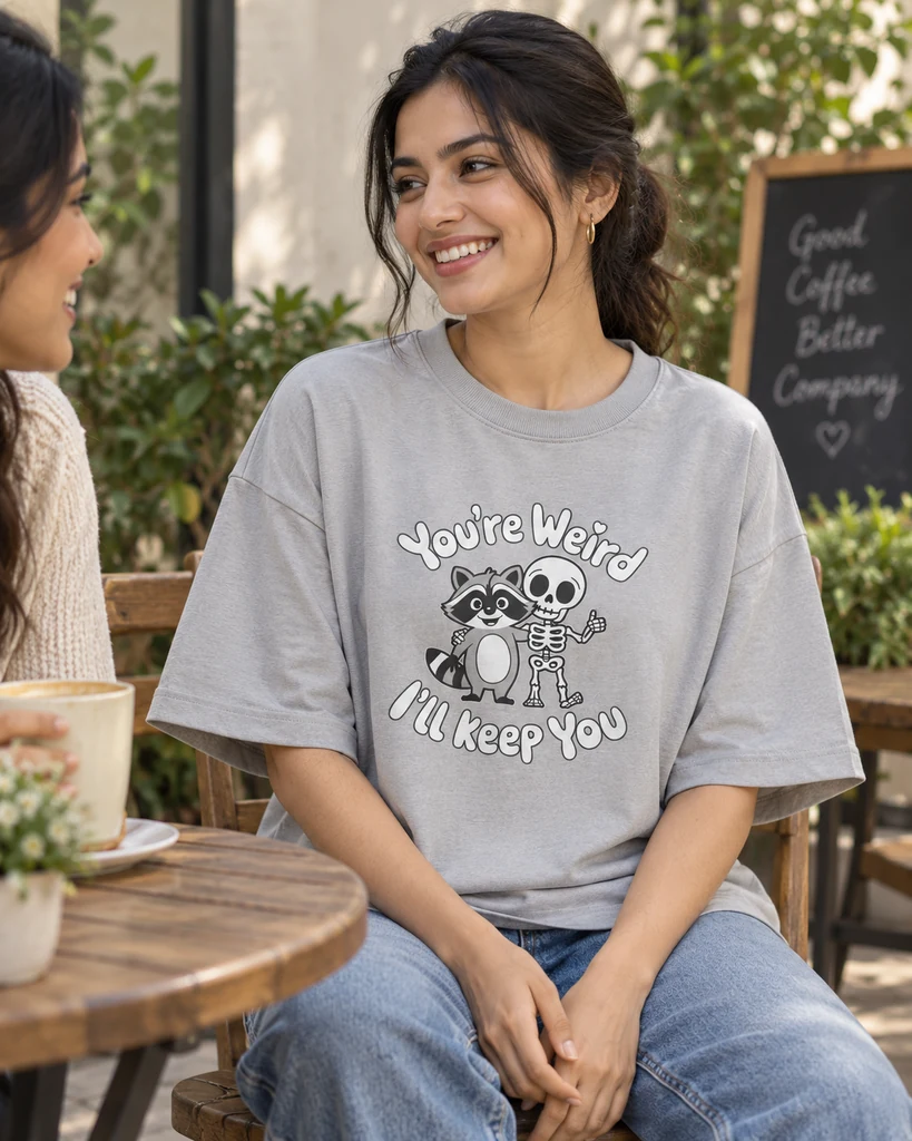 You're Weird I'll Keep You Oversized T-Shirt in Grey Melange — lifestyle photo