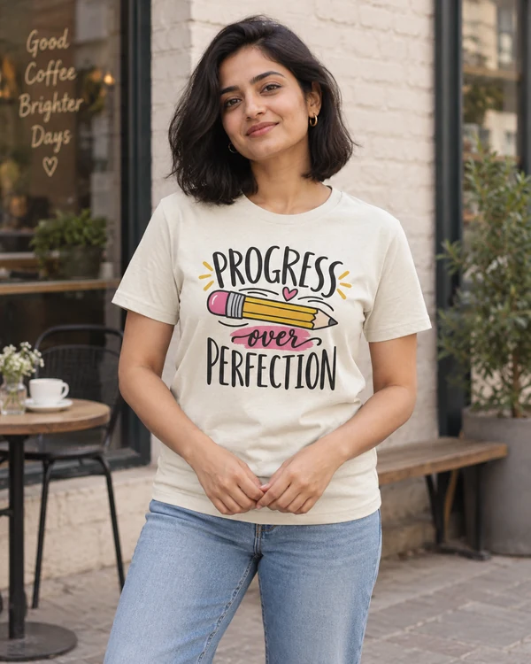 Progress over Perfection Regular T-Shirt in Off White — Indian lifestyle photoshoot