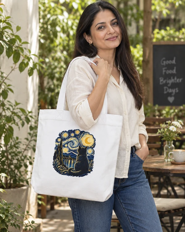 Starry Night Cat Zipper Tote Bag in White — Indian lifestyle photoshoot