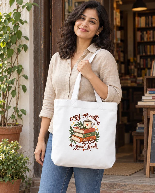 Cozy Up with a Good Book Zipper Tote Bag in White — Indian lifestyle photoshoot