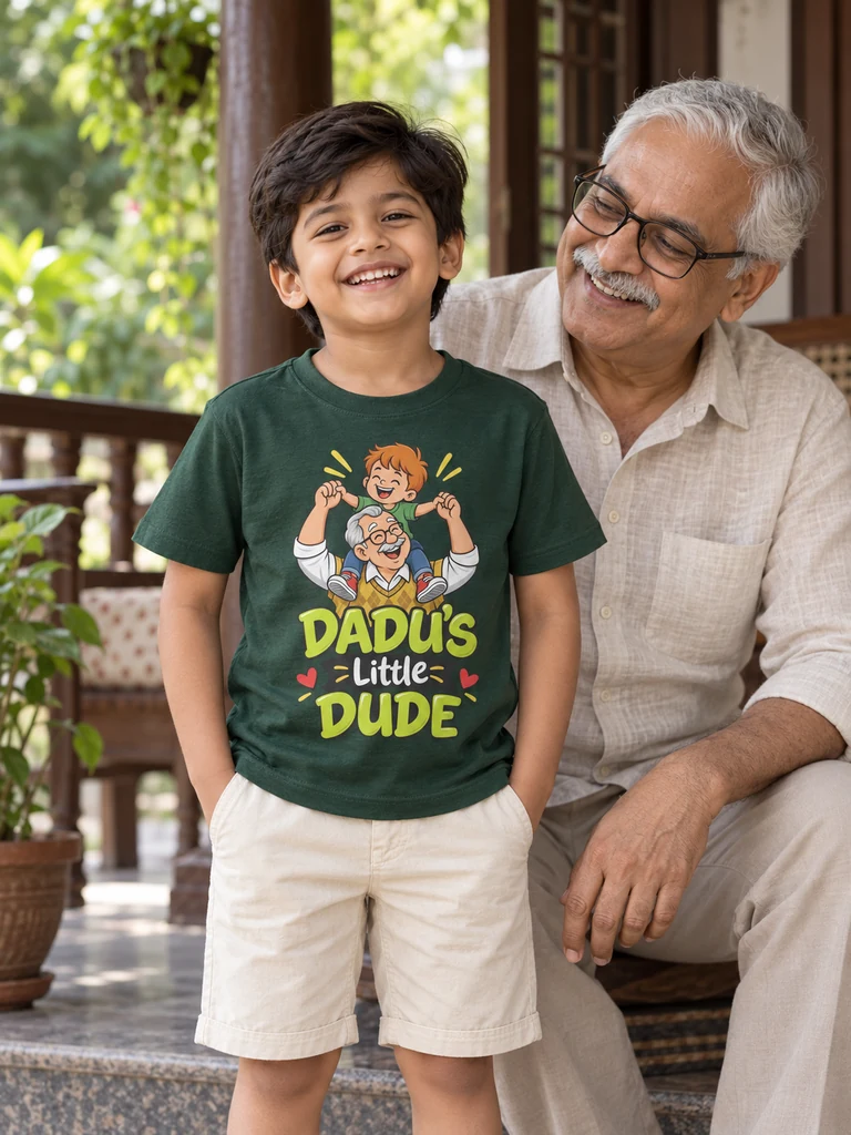 Dadu's Little Dude Kids’ T-Shirt in Bottle Green — lifestyle photo