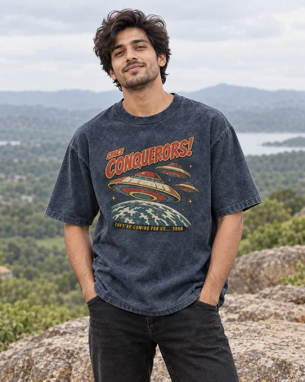 Space Conquerors Acid-Wash Oversized T-Shirt in Navy Blue — Indian lifestyle photoshoot