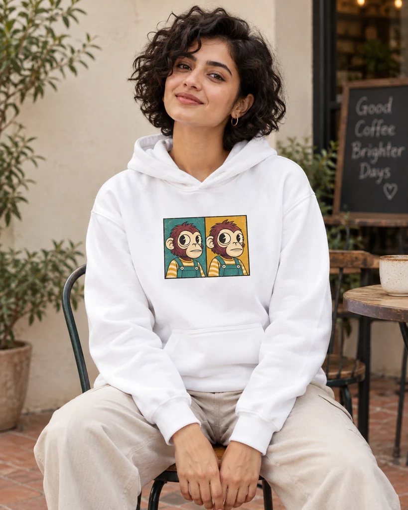 Look-Away Monkey Meme Graphic Hoodie in White — lifestyle photo