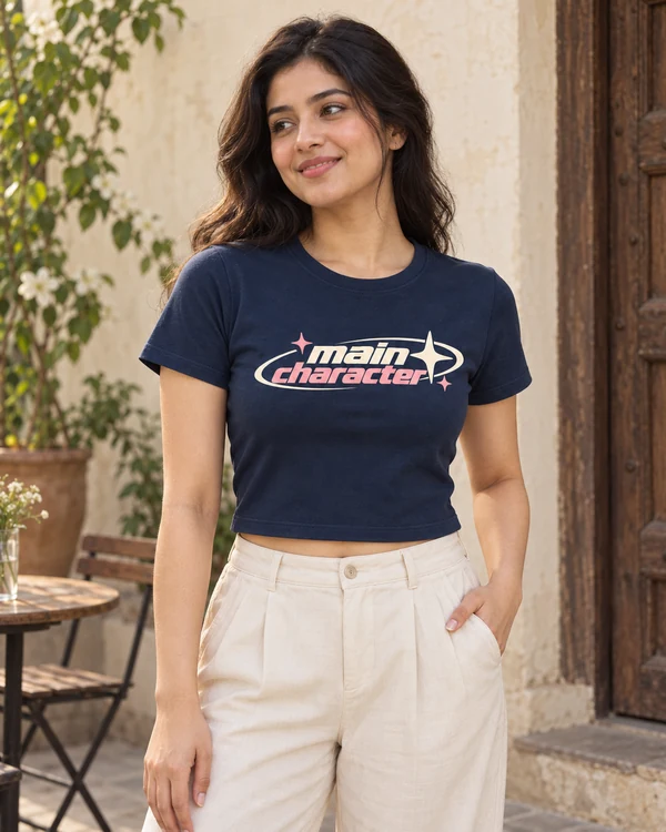 Main Character Graphic Crop Top in Navy Blue — Indian lifestyle photoshoot