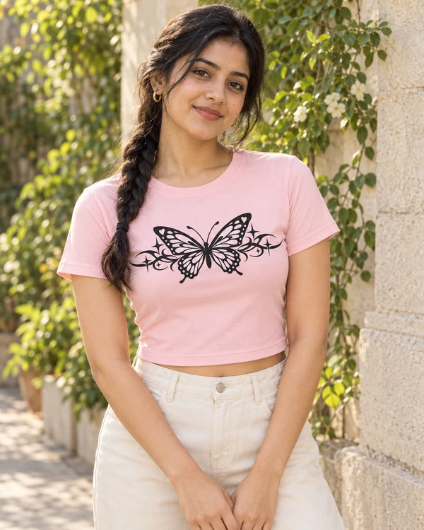 Ornamental Butterfly Graphic Crop Top in Light Baby Pink — Indian lifestyle photoshoot