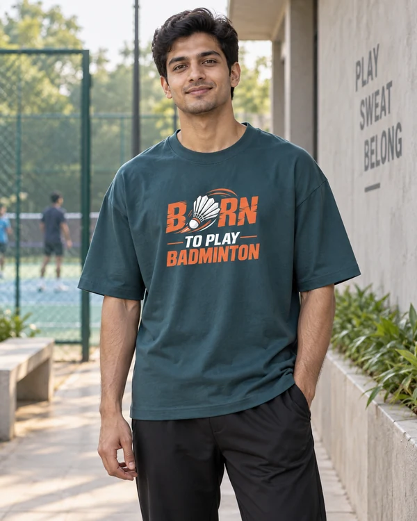Born to Play Badminton Oversized T-Shirt in Petrol Blue — Indian lifestyle photoshoot