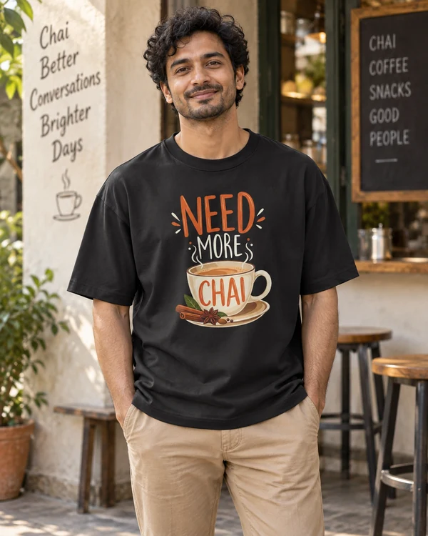 Need More Chai Oversized T-Shirt in Black — Indian lifestyle photoshoot