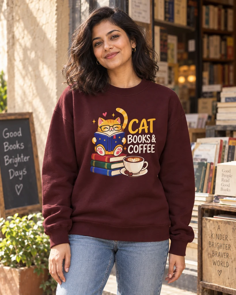 Cat Books and Coffee Sweatshirt in Maroon — lifestyle photo