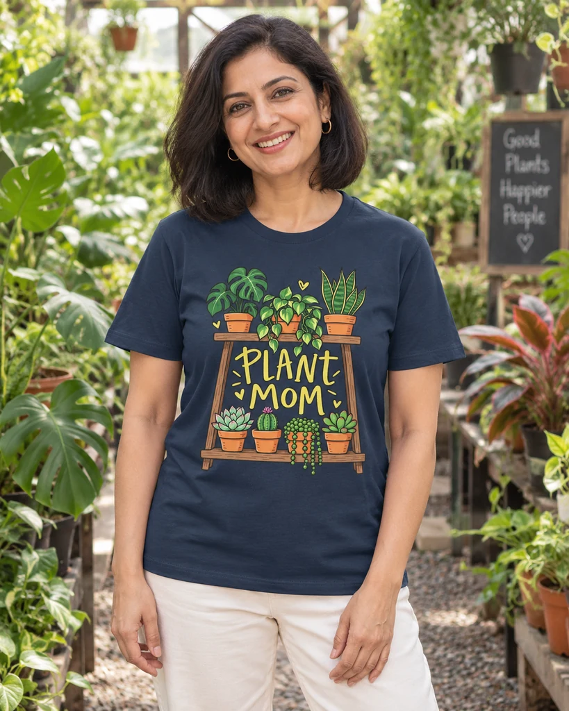 Plant Mom Regular T-Shirt in Navy Blue — Indian lifestyle photoshoot