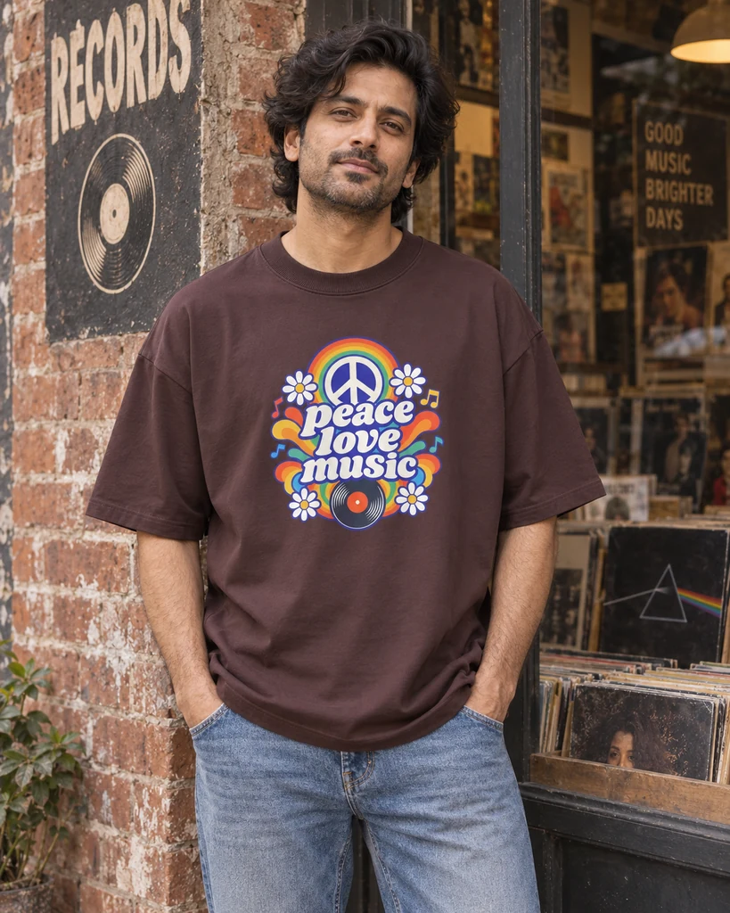 Peace Love Music Oversized T-Shirt in Maroon — Indian lifestyle photoshoot