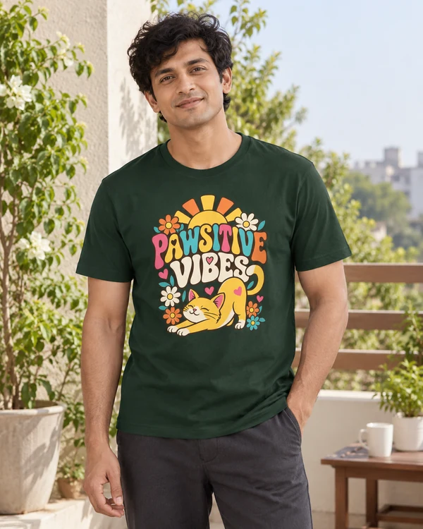 Pawsitive Vibes Regular T-Shirt in Bottle Green — Indian lifestyle photoshoot