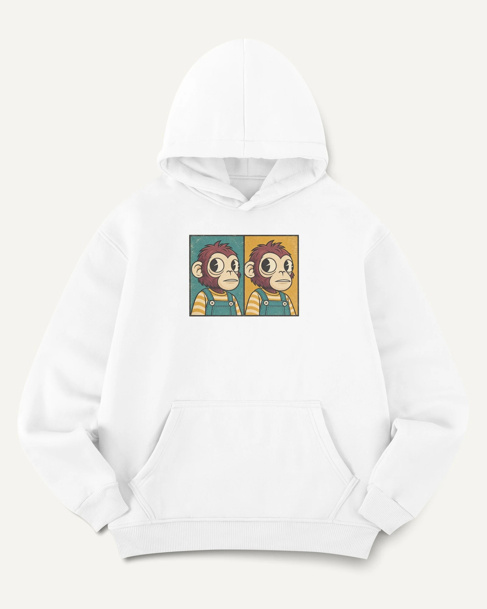 Look-Away Monkey Meme Graphic Hoodie in White — front Look-Away Monkey Meme Graphic Hoodie in White — front