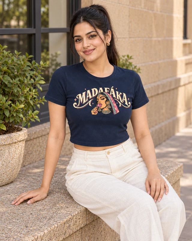 Madáfaka Pop Art Graphic Crop Top in Navy Blue — model view 2