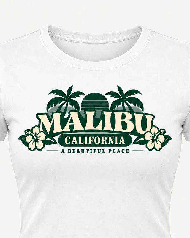 Malibu California Graphic Crop Top in White — cropped design detail