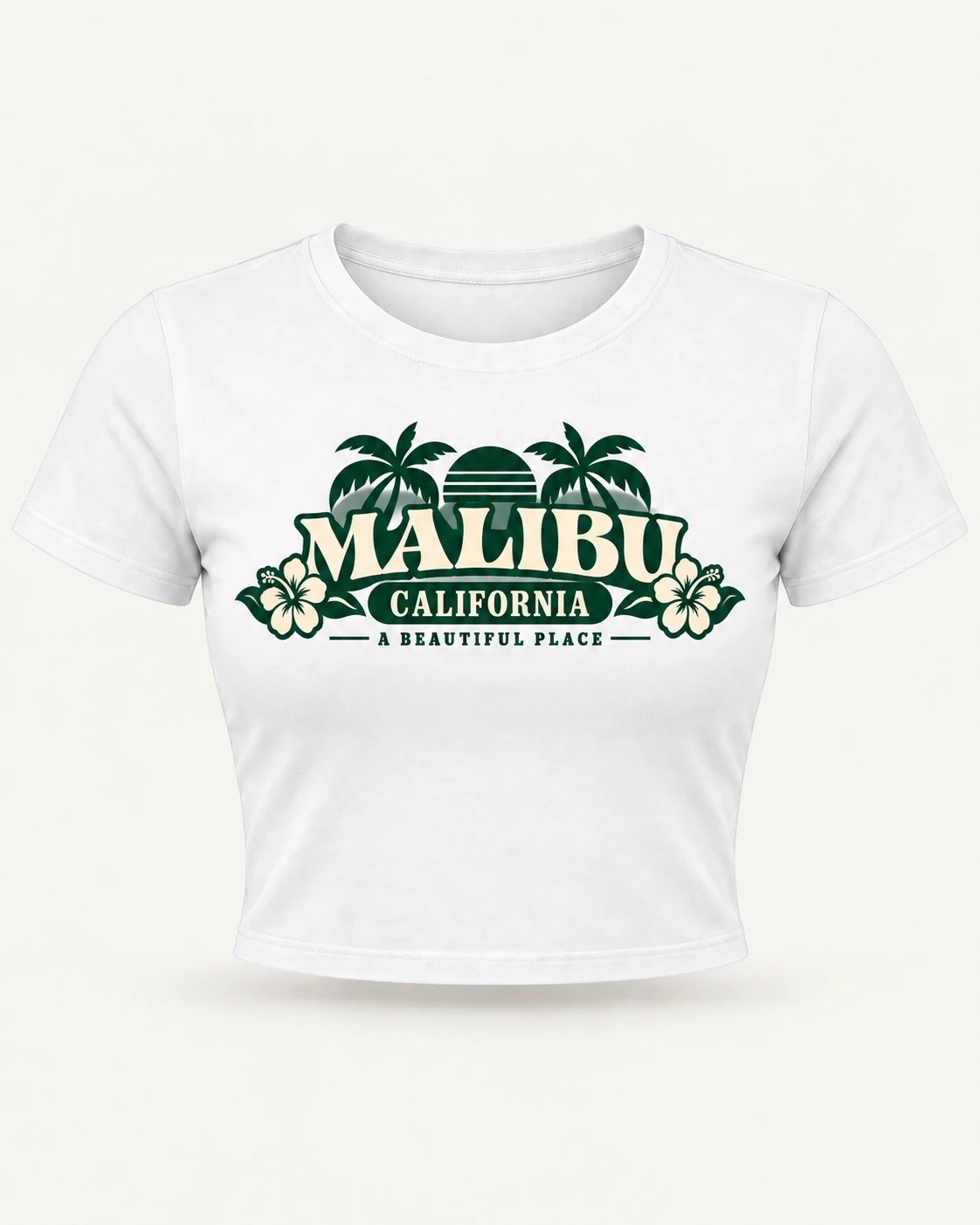 Malibu California Graphic Crop Top in White — product front Malibu California Graphic Crop Top in White — product front