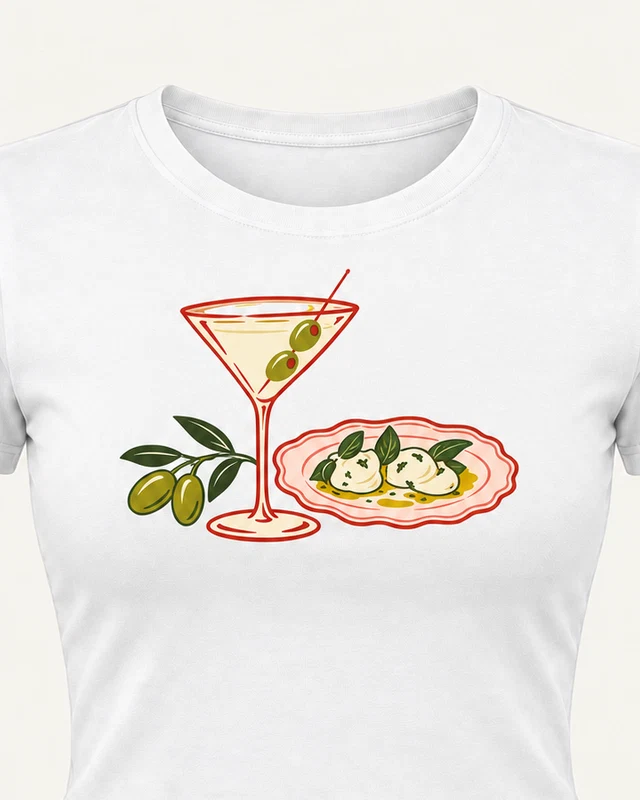 Martini and Olives Graphic Crop Top in White — cropped design detail