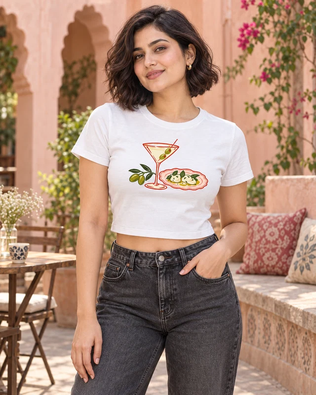 Martini and Olives Graphic Crop Top in White — model view 1