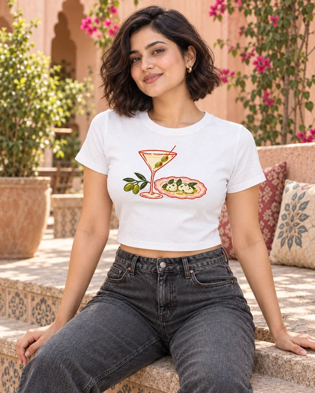 Martini and Olives Graphic Crop Top in White — model view 2
