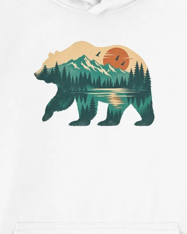 Mountain Forest Bear Graphic Hoodie in White — cropped design detail