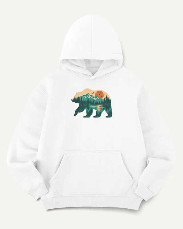 Mountain Forest Bear Graphic Hoodie in White — front