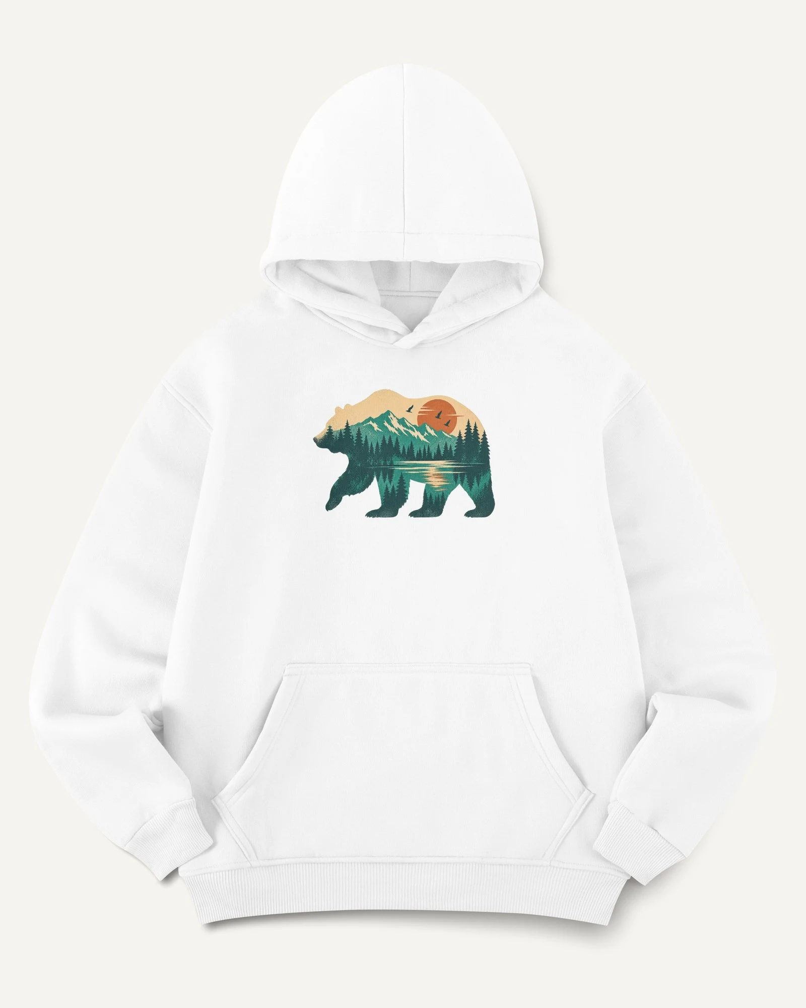 Mountain Forest Bear Graphic Hoodie in White — front Mountain Forest Bear Graphic Hoodie in White — front