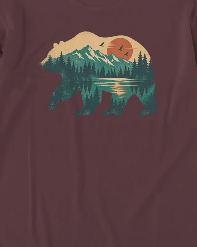 Mountain Forest Bear Long-Sleeve T-Shirt in Maroon — design detail