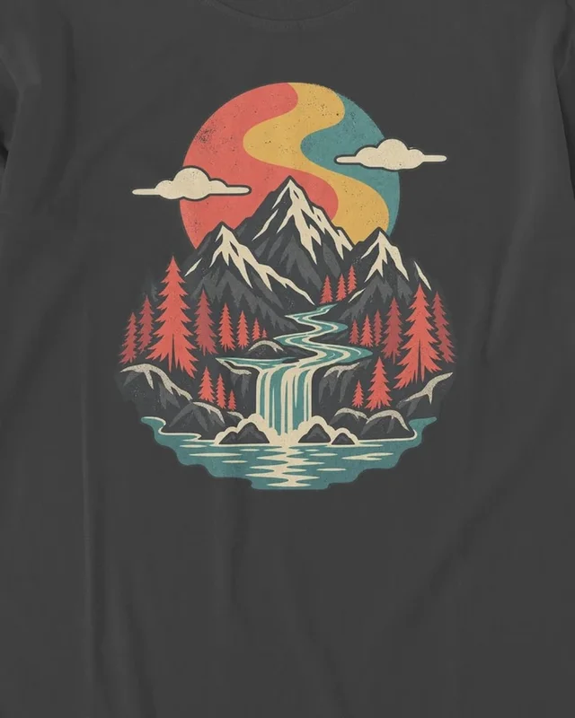 Mountain River Landscape Long-Sleeve T-Shirt in Black — design detail