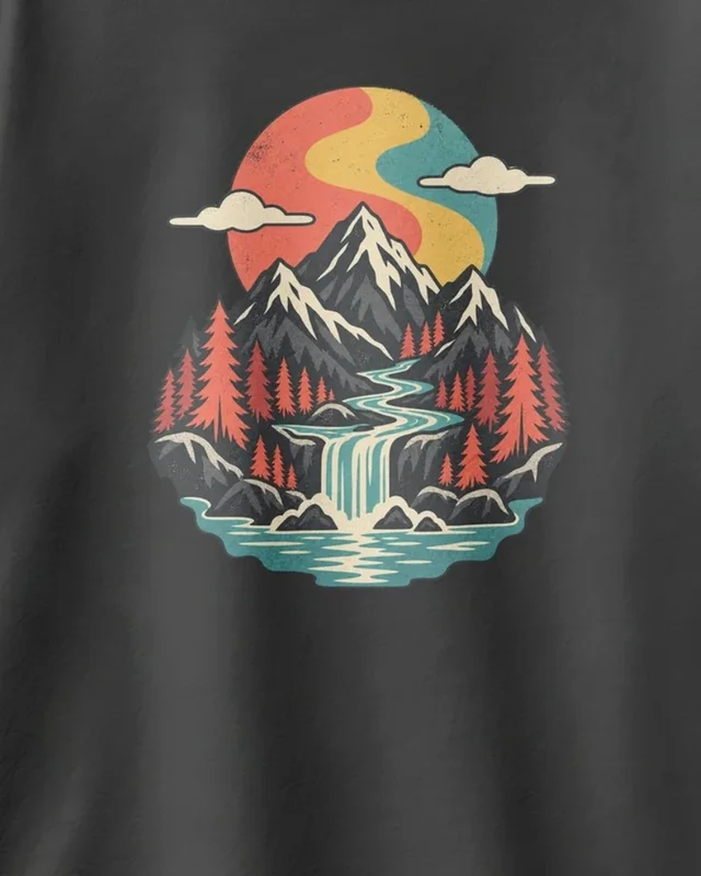 Mountain River Landscape Oversized T-Shirt in Black — design detail