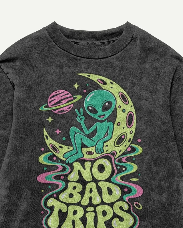 No Bad Trips Acid-Wash Oversized T-Shirt in Black — design detail