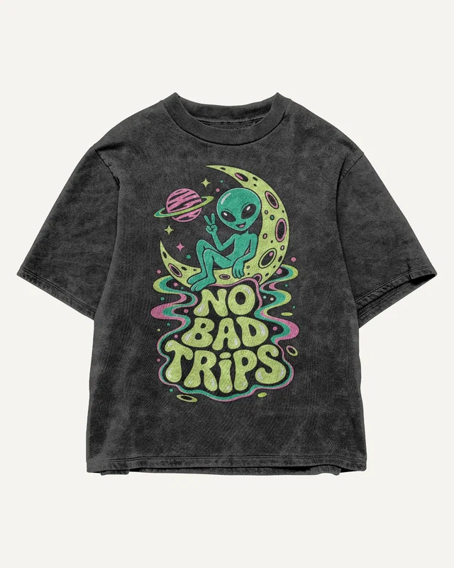No Bad Trips Acid-Wash Oversized T-Shirt in Black — front