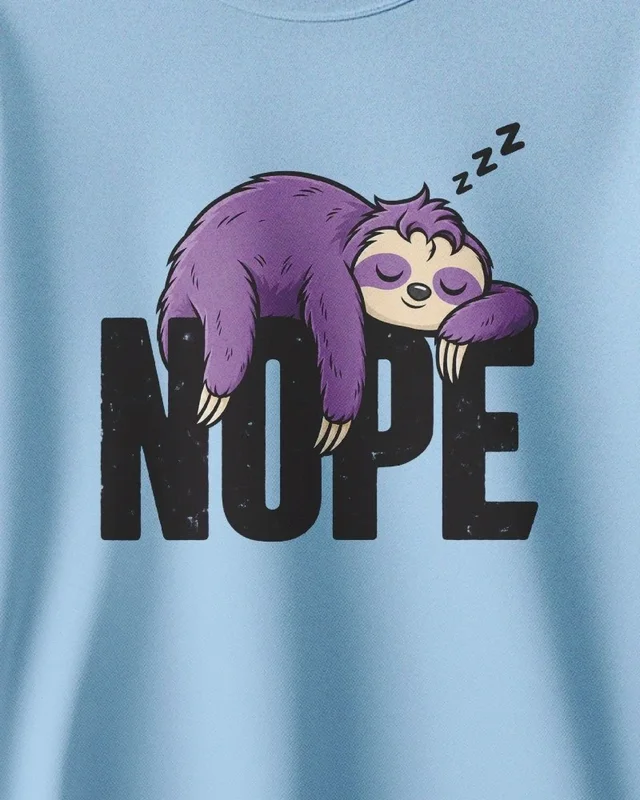 Nope Sloth Sweatshirt in Baby Blue — design detail