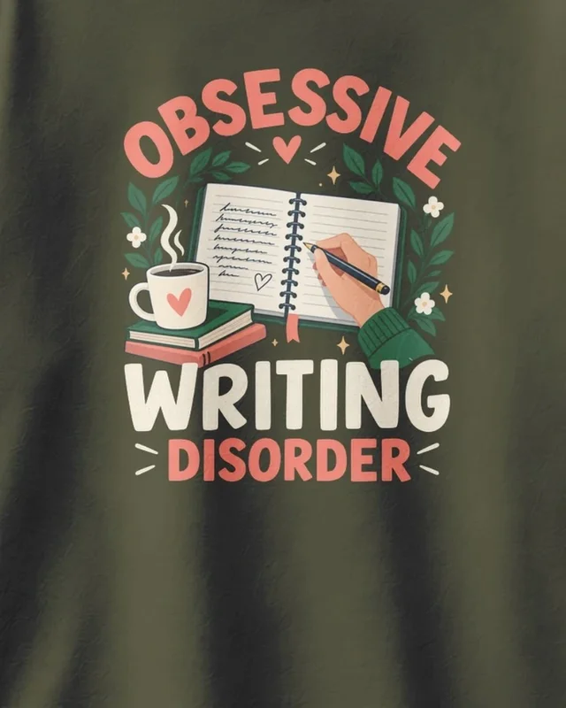 Obsessive Writing Disorder Oversized T-Shirt in Olive Green — design detail