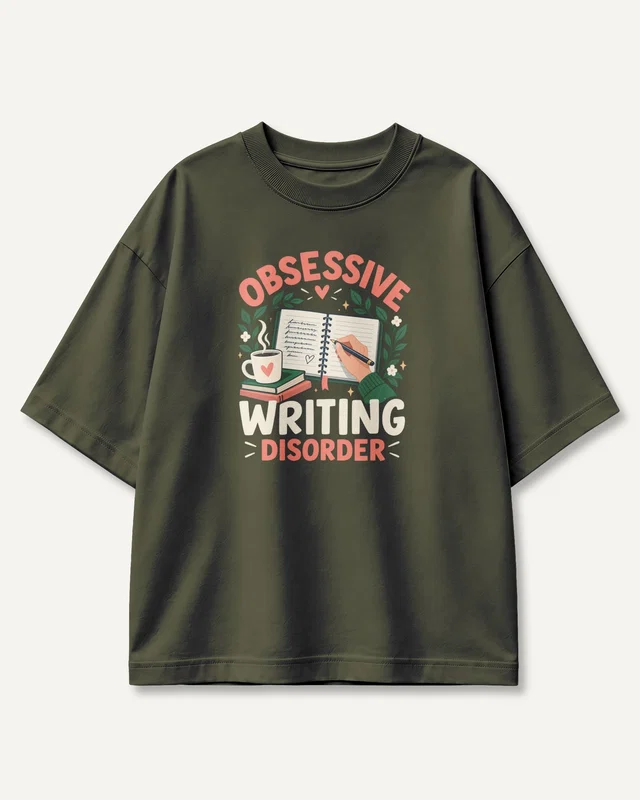 Obsessive Writing Disorder Oversized T-Shirt in Olive Green — front