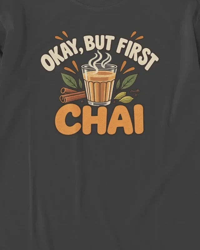 Okay But First Chai Long-Sleeve T-Shirt in Black — design detail