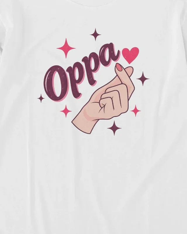Oppa Finger Heart Long-Sleeve T-Shirt in White — design detail