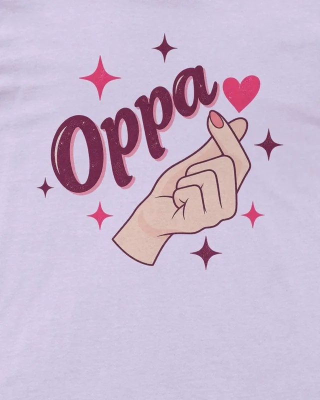 Oppa Finger Heart Regular T-Shirt in Lavender — design detail