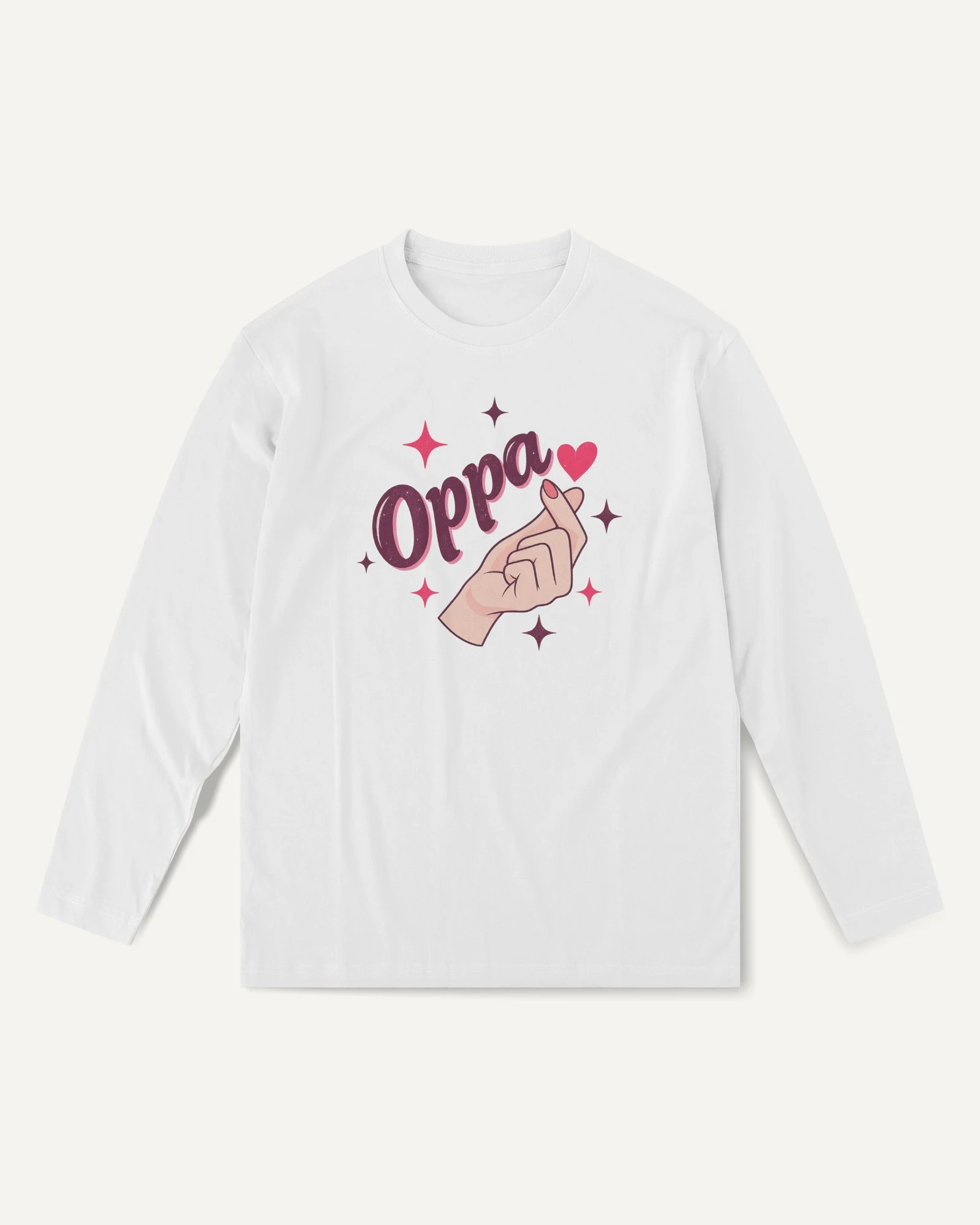 Oppa Finger Heart Long-Sleeve T-Shirt in White — front Oppa Finger Heart Long-Sleeve T-Shirt in White — front