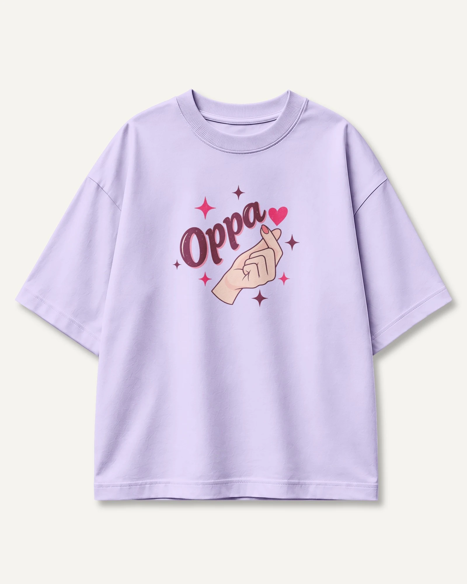 Oppa Finger Heart Oversized T-Shirt in Lavender — front Oppa Finger Heart Oversized T-Shirt in Lavender — front