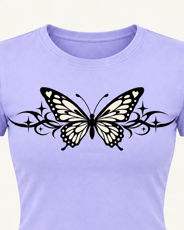 Ornamental Butterfly Graphic Crop Top in Lavender — cropped design detail